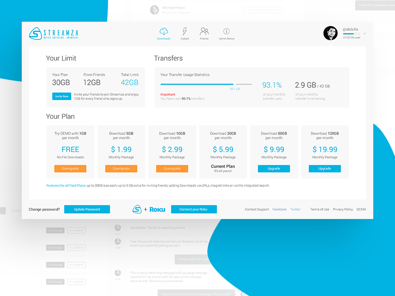 Streamza - menu