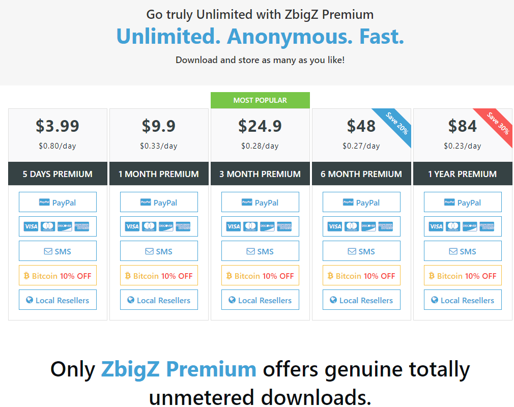 Pricing page of Zbigz - Zbigz review