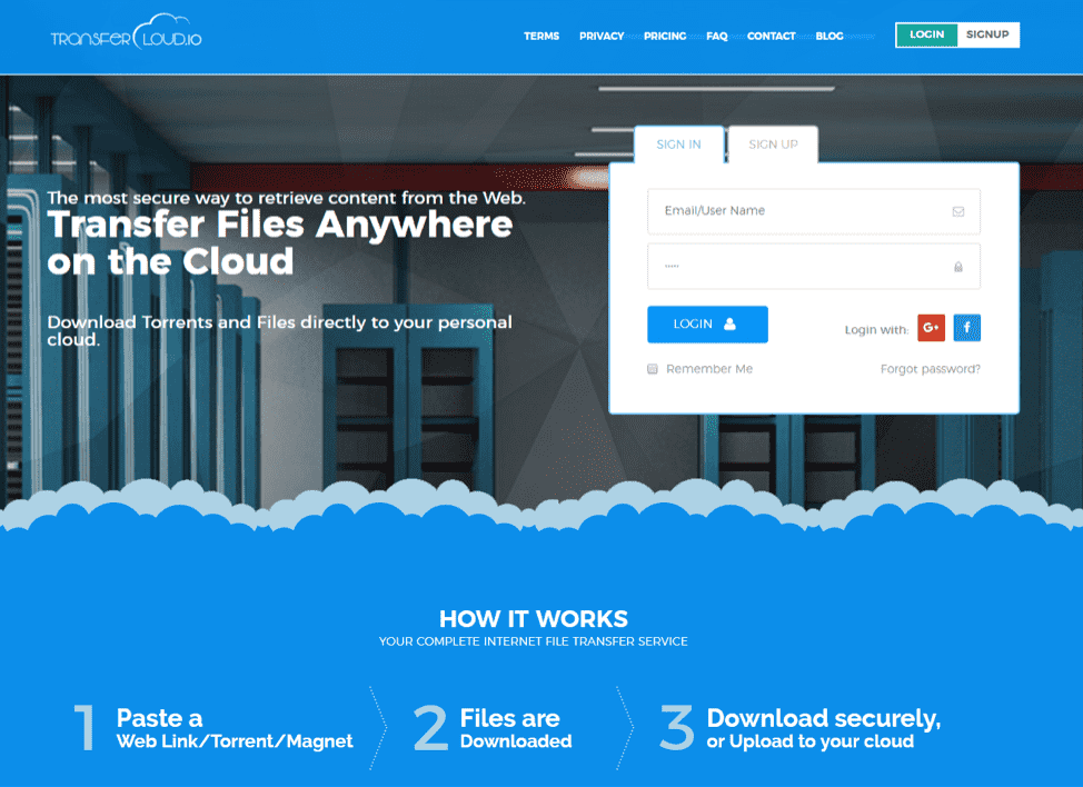 Tranfercloud main page