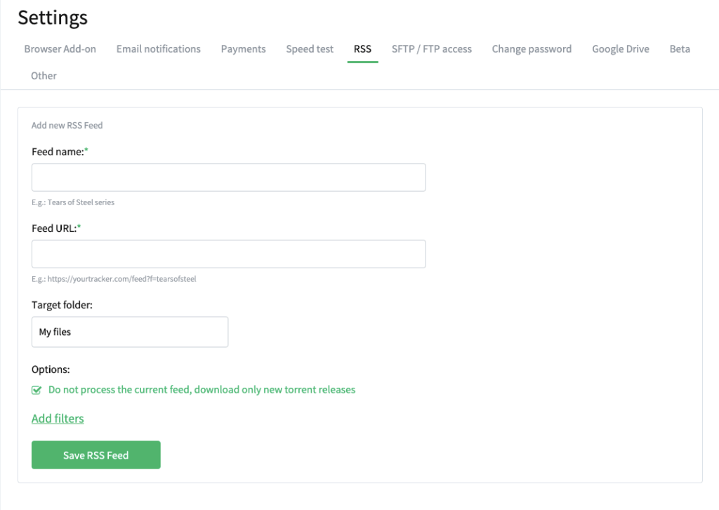 Bitport - RSS settings
